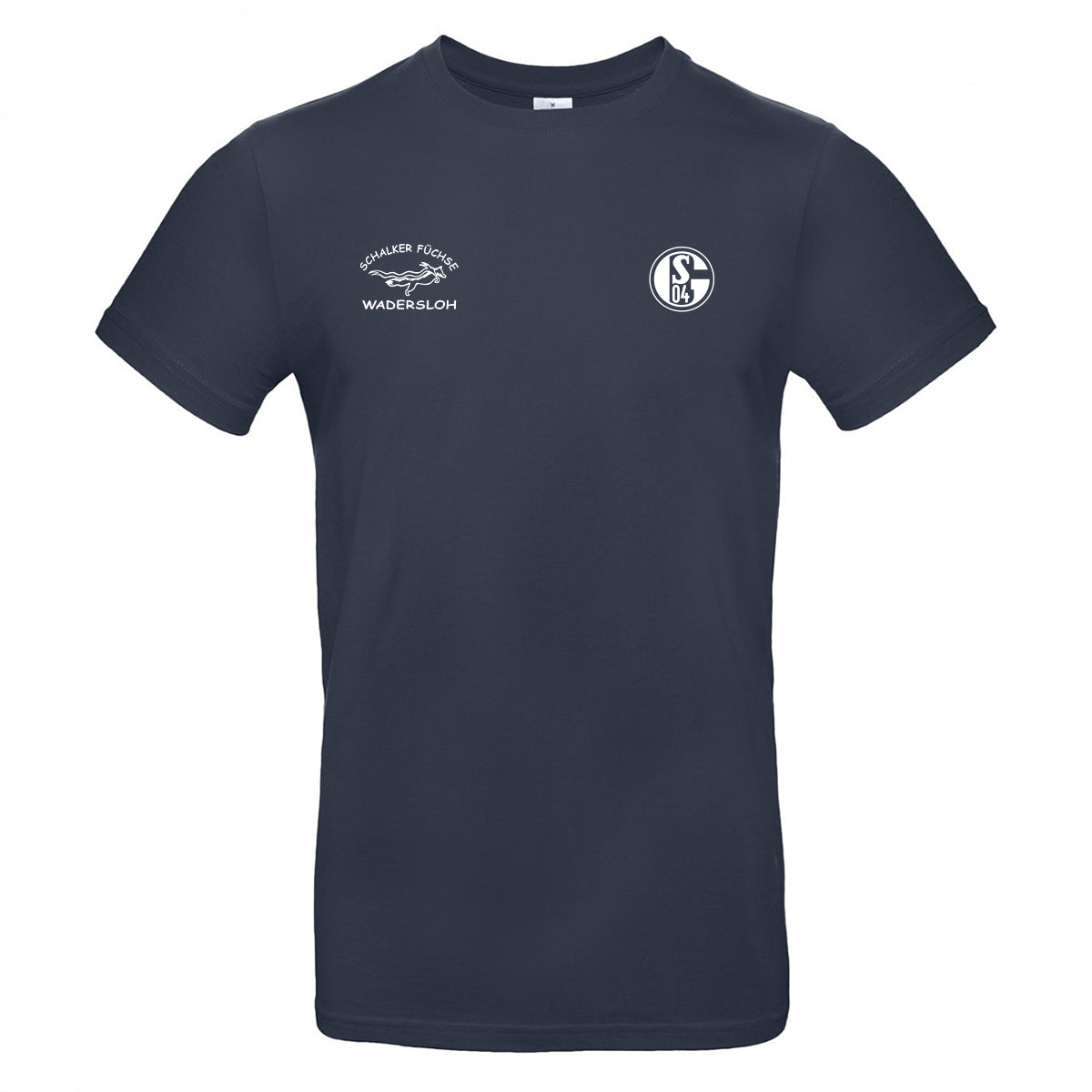Dunkelblaues T-Shirt mit Rundhalsausschnitt. Rechts das Schalke-Logo ‚S04‘, links der Schriftzug ‚Schalker Füchse Wadersloh‘ mit Fuchsillustration.