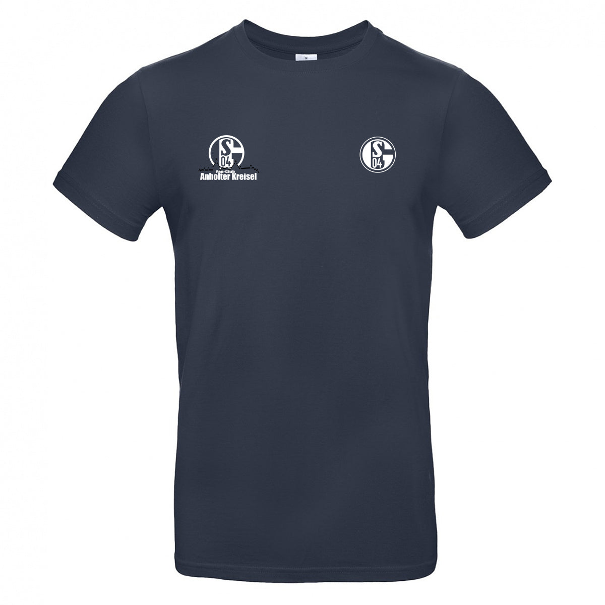 Navy T-Shirt Vorderseite: Dunkelblaues T-Shirt mit Rundhals-Ausschnitt. Rechts das Schalke-Logo, links ein weiteres Schalke-Logo mit dem Schriftzug „Anholter Kreisel“.