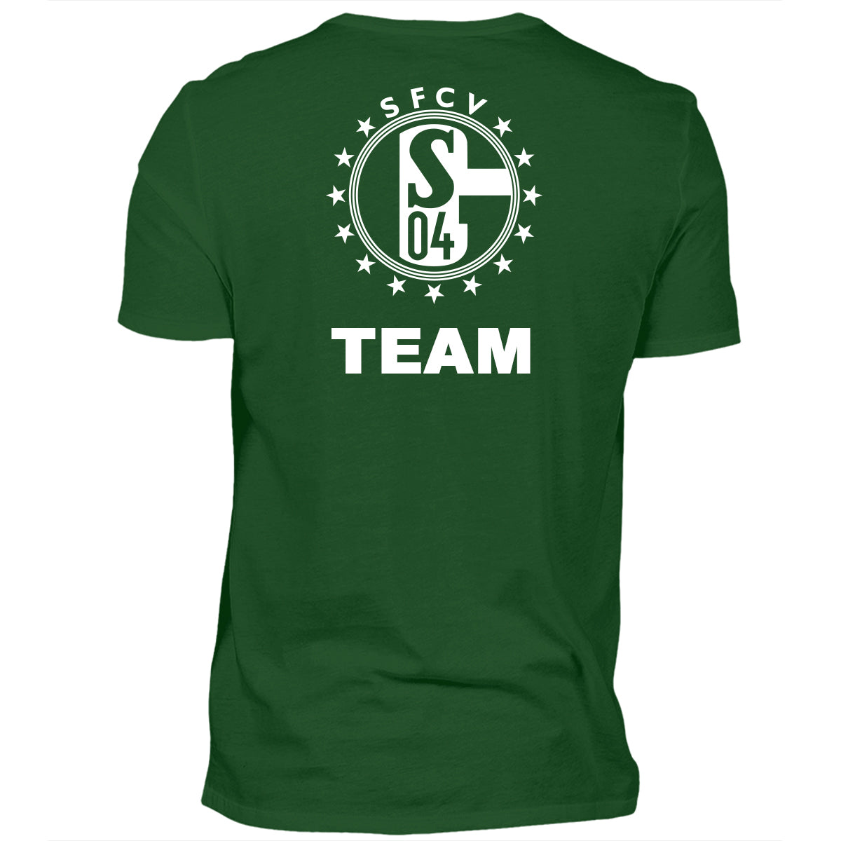 Grünes T-Shirt mit großflächigem weißen Rückendruck: mittig platziertes S04-Logo im Sternenkreis und Schriftzug TEAM darunter.
