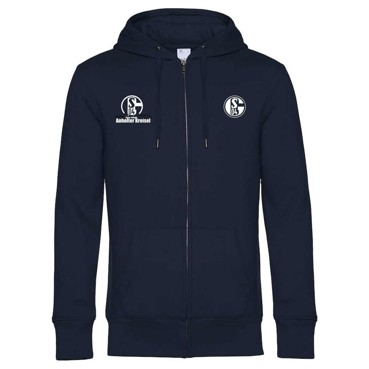 Navy Zip-Hoodie Vorderseite: Dunkelblauer Zip-Hoodie mit durchgehendem Reißverschluss, Kängurutaschen und weißen Brustprints. Rechts das Schalke-Logo, links ein weiteres Schalke-Logo mit dem Schriftzug „Anholter Kreisel“.