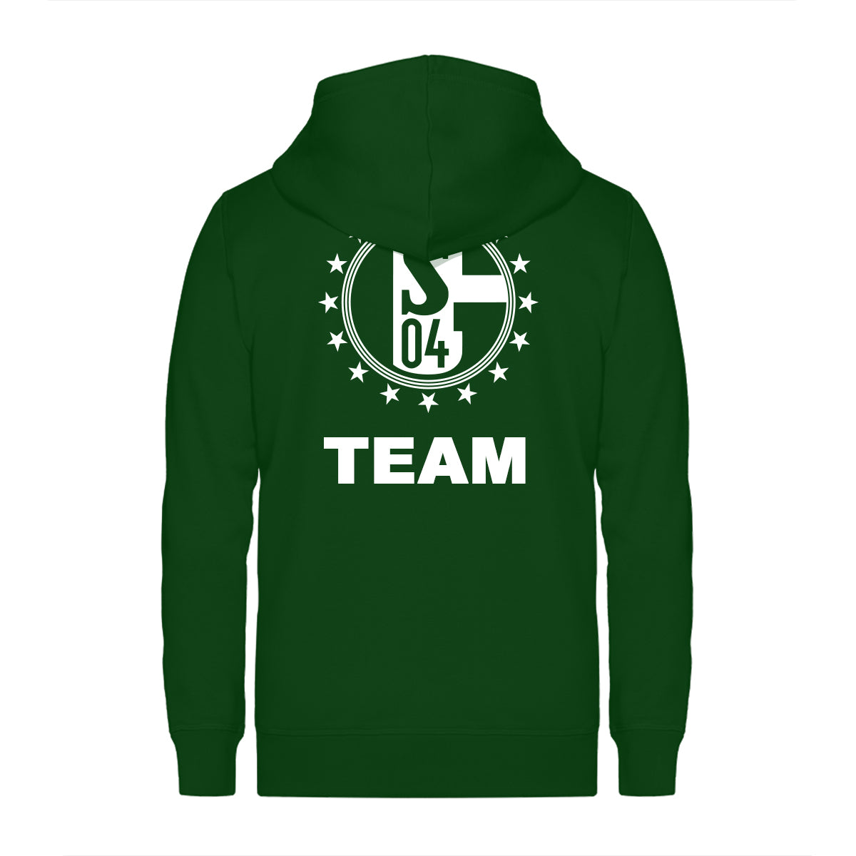 Grüner Zip-Hoodie mit großflächigem weißen Rückendruck: zentriertes S04-Logo im Sternenkreis und der Schriftzug TEAM darunter.