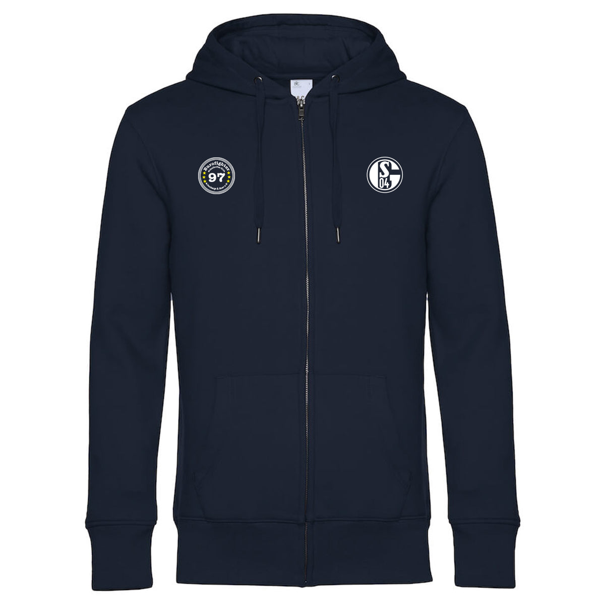 Dunkelblauer Zip-Hoodie mit Schalke 04-Logo auf der rechten Brustseite und rundem Fanclub-Logo „Eurofighter 97“ in Blau-Weiß auf der linken Brustseite, Kapuze mit Kordeln und geteilte Kängurutasche.
