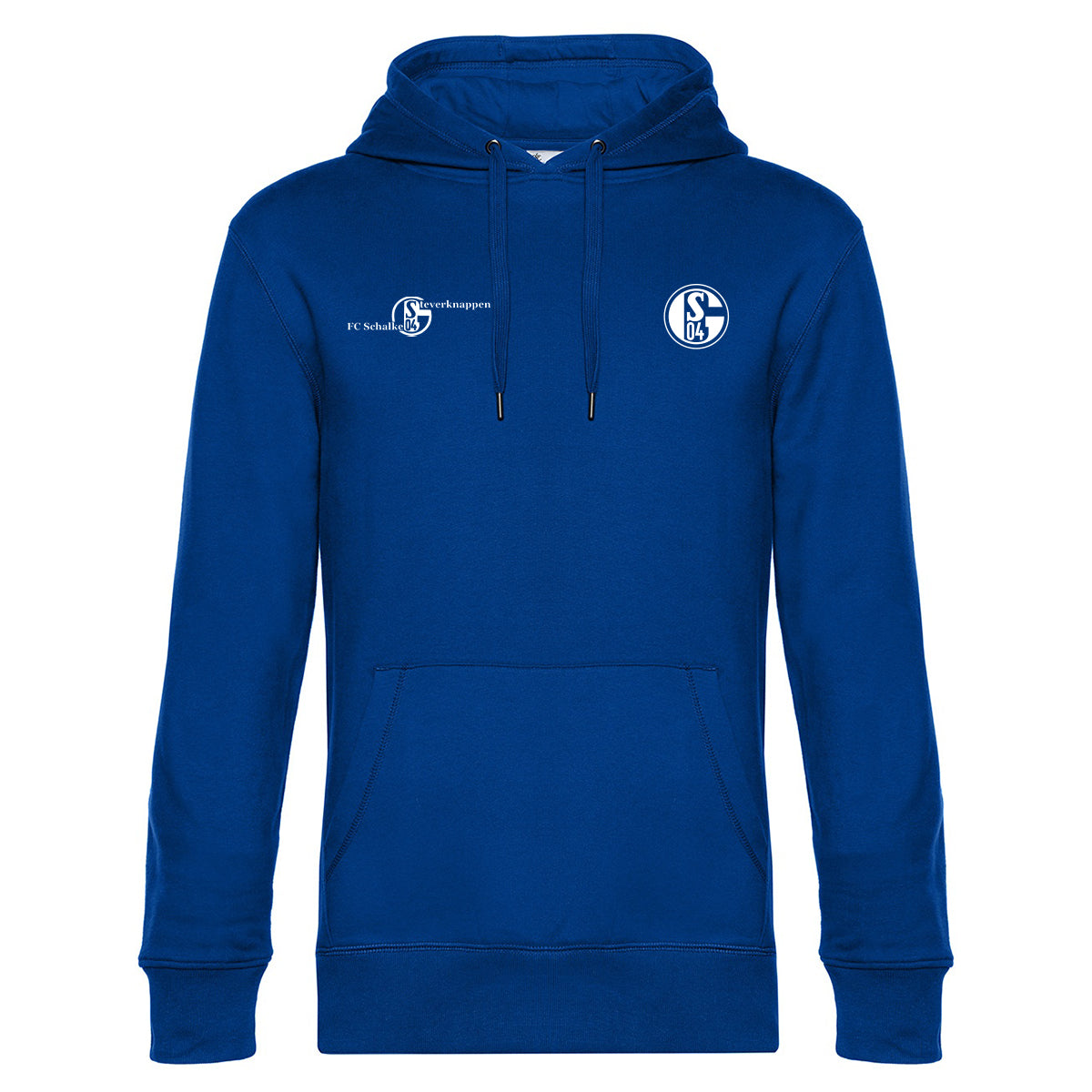 Königsblauer Kapuzenpullover mit Kängurutasche und Kapuze mit Kordelzug. Auf der linken Brust befindet sich ein rundes Vereinslogo mit der Aufschrift ‚S04‘. Links daneben ist ein weißer Schriftzug mit kleinem Logo und der Aufschrift ‚FC Schalke 04 – Steverknappen‘.