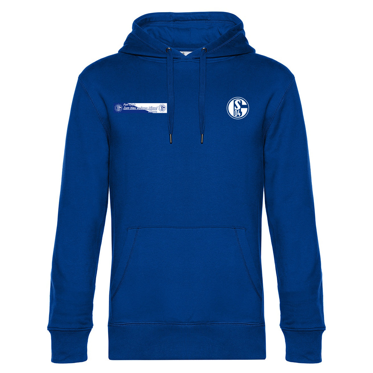 Königsblauer Kapuzenpullover mit Kängurutasche und Kapuze mit Kordelzug. Auf der linken Brust befindet sich ein rundes Vereinslogo mit der Aufschrift ‚S04‘, rechts daneben ein rechteckiger Patch mit Schriftzug.