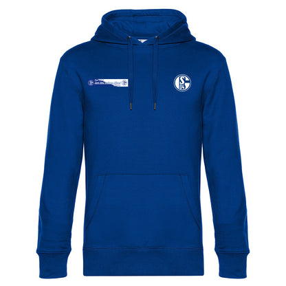 Königsblauer Kapuzenpullover mit Kängurutasche und Kapuze mit Kordelzug. Auf der linken Brust befindet sich ein rundes Vereinslogo mit der Aufschrift ‚S04‘, rechts daneben ein rechteckiger Patch mit Schriftzug.