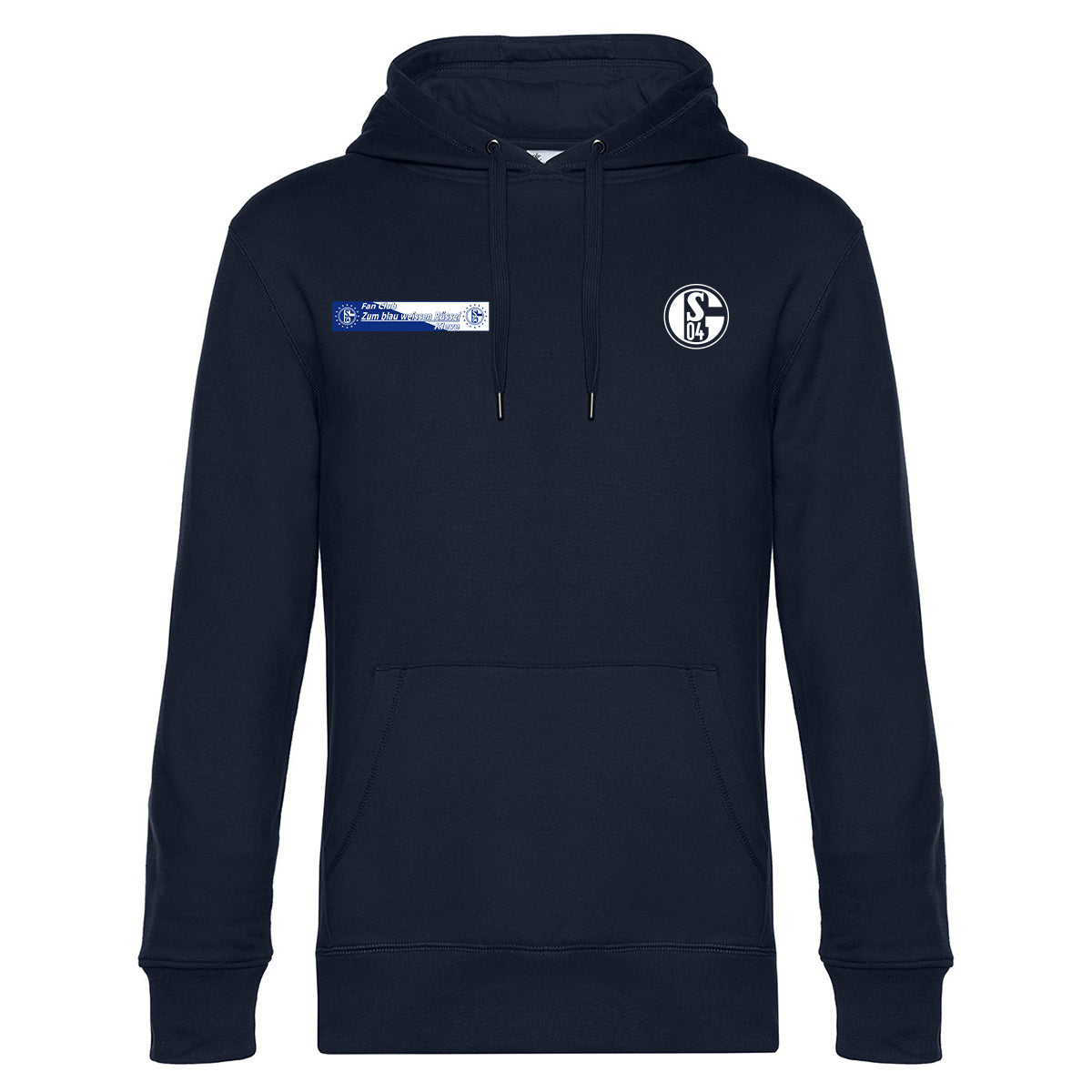 Dunkelblauer Kapuzenpullover mit Kängurutasche und Kapuze mit Kordelzug. Auf der linken Brust ist ein rundes Vereinslogo mit der Aufschrift ‚S04‘ angebracht, rechts daneben ein rechteckiger Patch mit Schriftzug