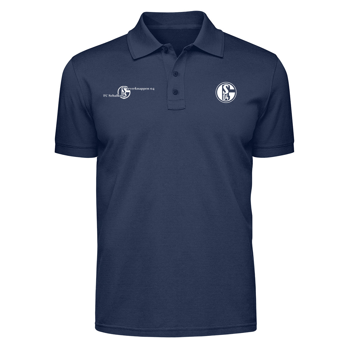 Dunkelblaues Poloshirt mit Kragen, kurzer Knopfleiste und kurzen Ärmeln. Auf der linken Brust befindet sich ein rundes Vereinslogo mit der Aufschrift ‚S04‘. Links daneben steht ein weißer Schriftzug mit kleinem Logo und der Aufschrift ‚FC Schalke 04 – Steverknappen 04‘.