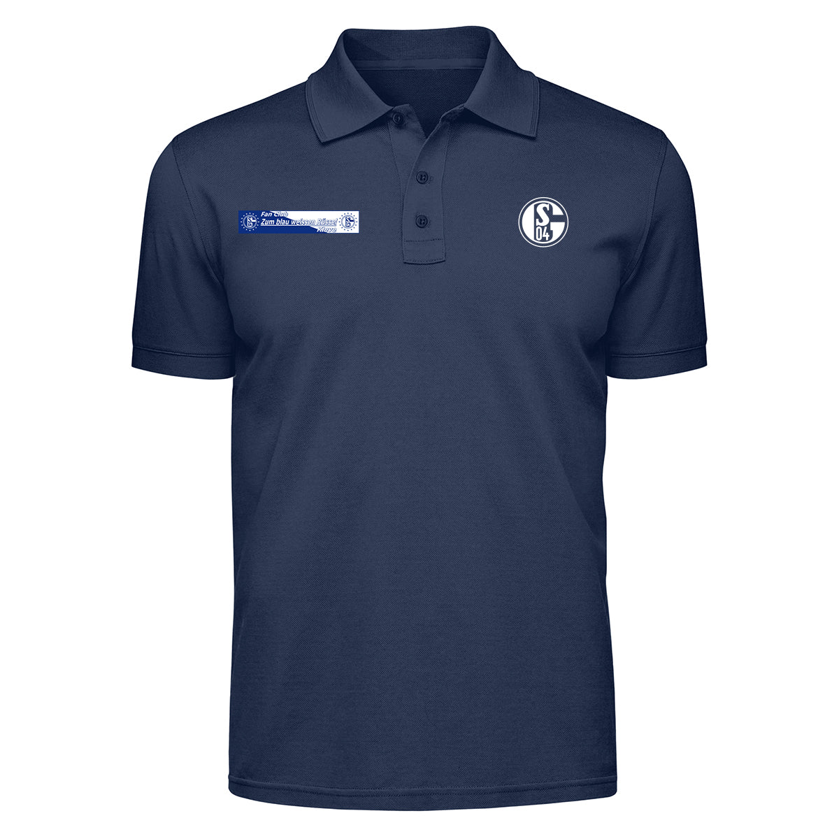 Dunkelblaues Poloshirt mit Kragen, kurzer Knopfleiste und kurzen Ärmeln. Auf der linken Brust ist ein rundes Vereinslogo mit der Aufschrift ‚S04‘ angebracht, daneben ein rechteckiger Patch mit unleserlichem Schriftzug.